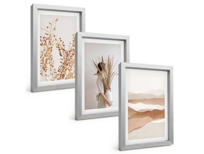 BILDER SET 3er Set - 20x30 cm Silberner Rahmen - Rustikale Boho-Blumenmotive