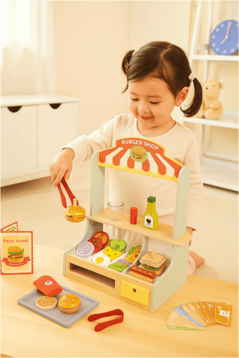 Wooden Burger Shop - 71-piece Wooden Playset for Kids - Tooky Toys