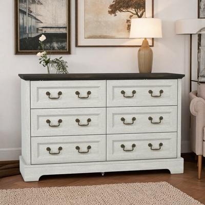 ZWYO HOSIMU "47.2"" Wide Farmhouse Wood 6-Drawer Dresser with Metal Handles and Spacious Storage Drawers"