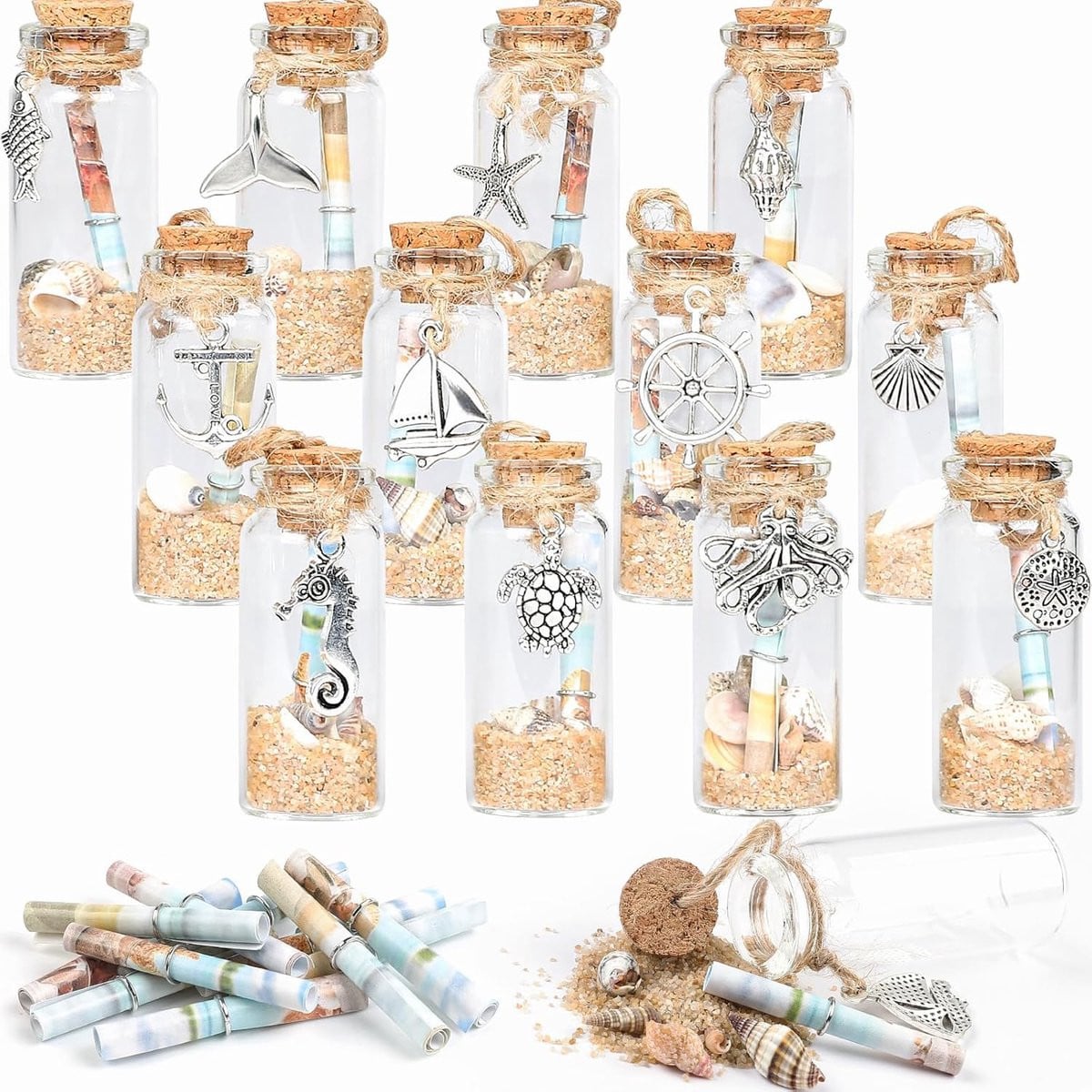 Set van 12 Multicolor Mini Glas Flesjes met Oceaan Thema voor Kerstboom Decoratie