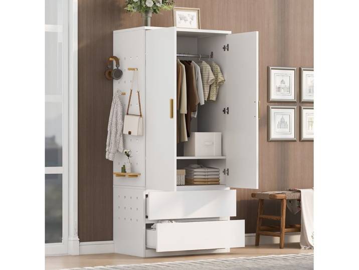 ULEVR Armoire de chambre blanche 70 x 50 x 170 cm penderie 2 tiroirs et panneau perforé latéral