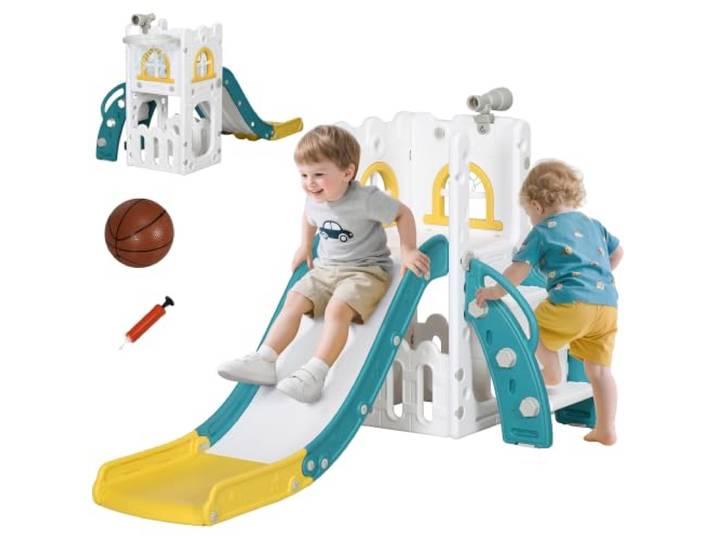 AIYAPLAY Glijbaan voor kinderen, 5-in-1 met basketbalmand, telescoop, geel