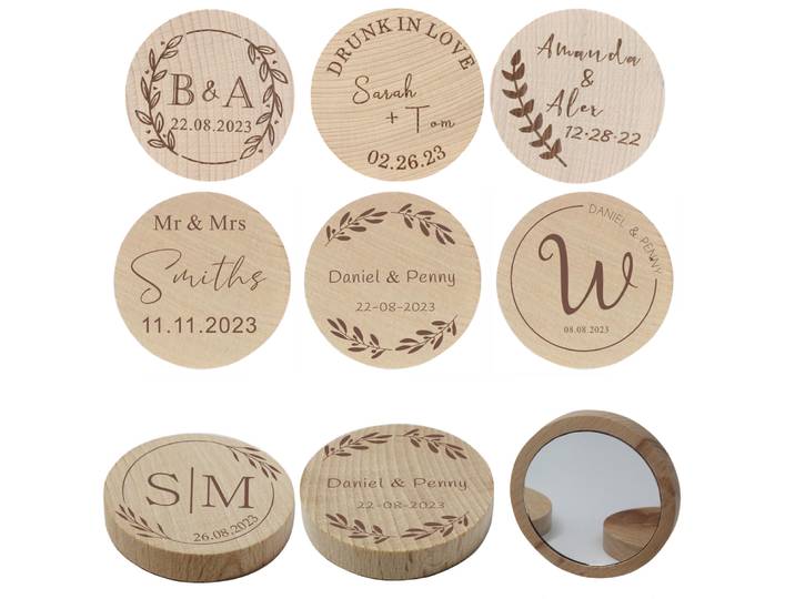 Miroir en bois personnalisé gravé, 50 pièces, Portable, rond, Compact, poche, cadeaux de mariage pour demoiselle d'honneur, cadeau de baptême personnalisé