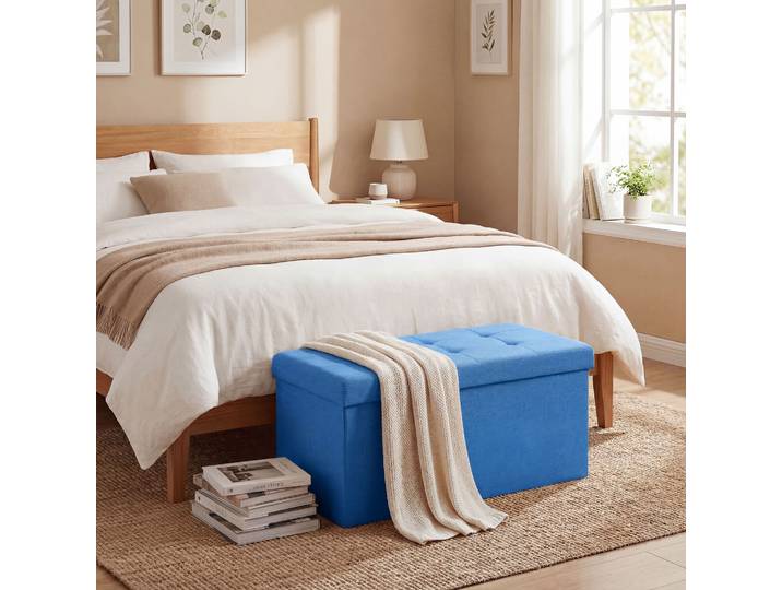 HOMCOM Banc de Rangement Pliable 84L Lin Synthétique Bleu Clair