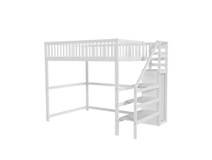 Modfu Hochbett aus Holz 140x200 cm in Weiß mit Leiter & Kleiderschrank, 140x200 cm, Babymöbel & Kindermöbel, Kinderzimmer & Jugendzimmer, Kinderbetten, Hochbetten