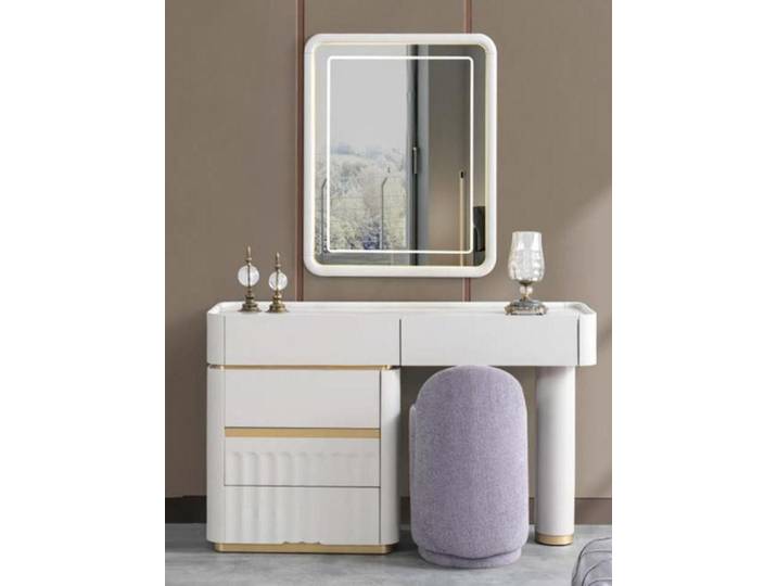 Xlmoebel Schminktisch Eleganter Schminktisch in Weiß mit Spiegel und goldenen Akzenten (Schminktisch + Spiegel + Pouf, Schminktisch + Spiegel + Pouf), Hergestellt in Europa