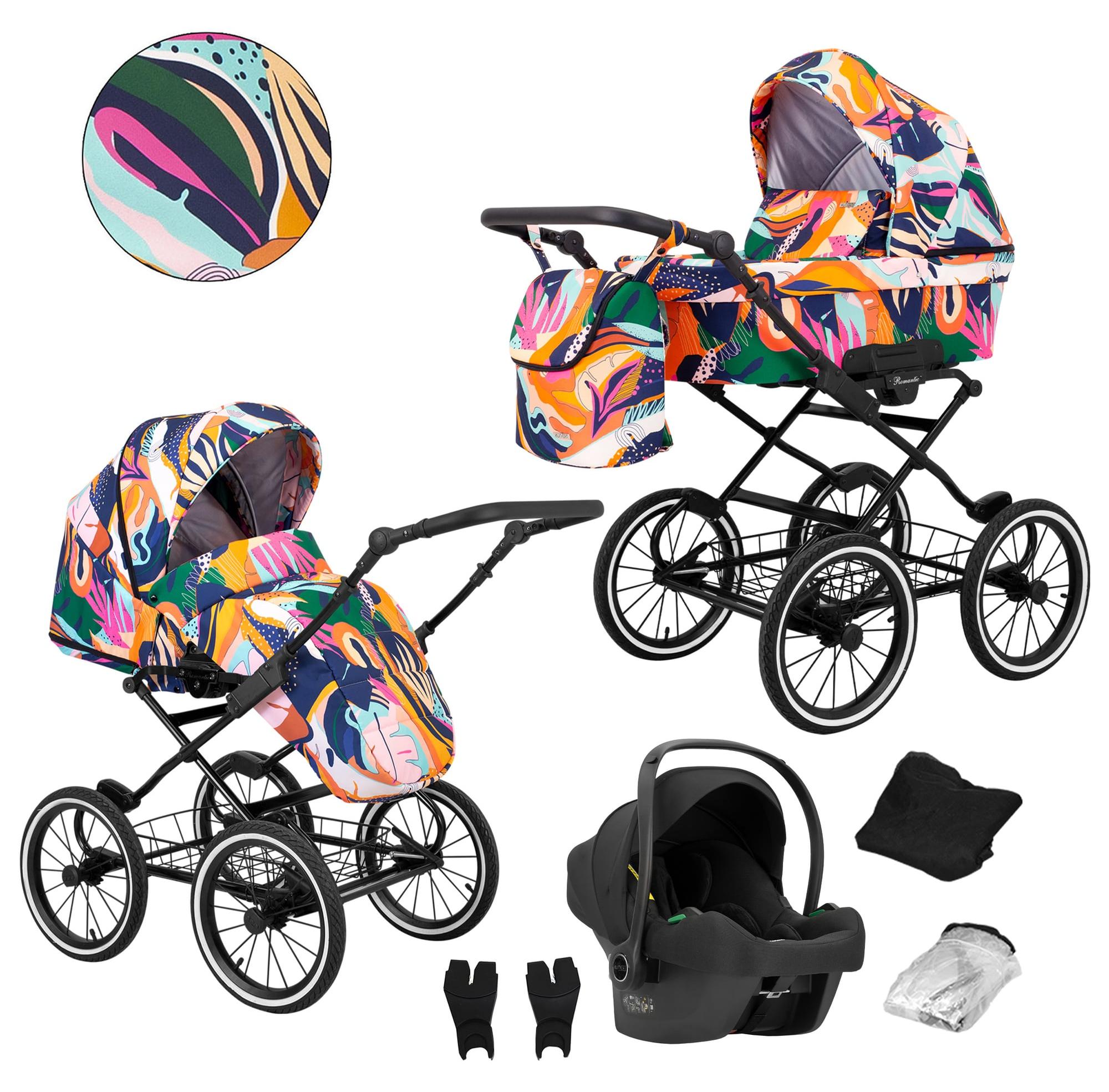 Kunert Romantic 3-in-1 Kombikinderwagen Bunt mit Babyschale, schwarzer Rahmen