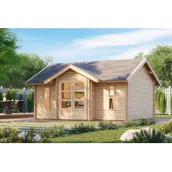 Karibu Gartenhaus "Sandstad" Blockbohlenhaus 38 mm Wandstärke Firsthöhe 293cm Fläche 19m2 inkl Fußboden