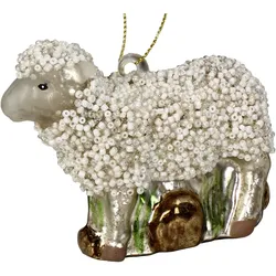 Christbaumschmuck Glas 10,5cm Schaffigur mit Perlenschmuck Kugeln Weihnachtsbaum Anhänger Weihnachten Christbaumanhänger Weihnachtsbaumschmuck Weiß