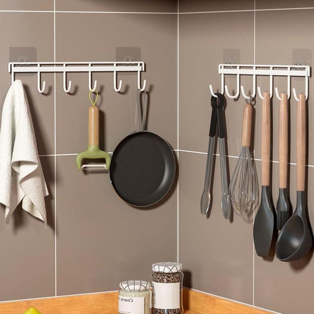 Wit wandrek met 6 haken voor in de keuken, badkamer of slaapkamer, zonder boren te gebruiken