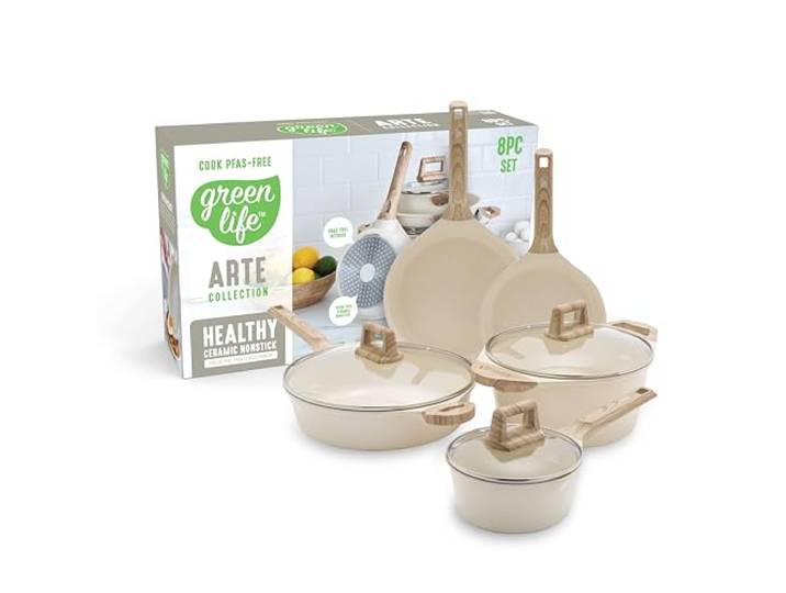 GreenLife Arte 8-teiliges Keramik-Kochgeschirr-Set mit Antihaftbeschichtung, Induktionsgeeignet, PFOA- und PFAS-frei, Holzdruckgriffe, Glasdeckel, Stielkasserolle und Bratpfannen, spülmaschinenfest,