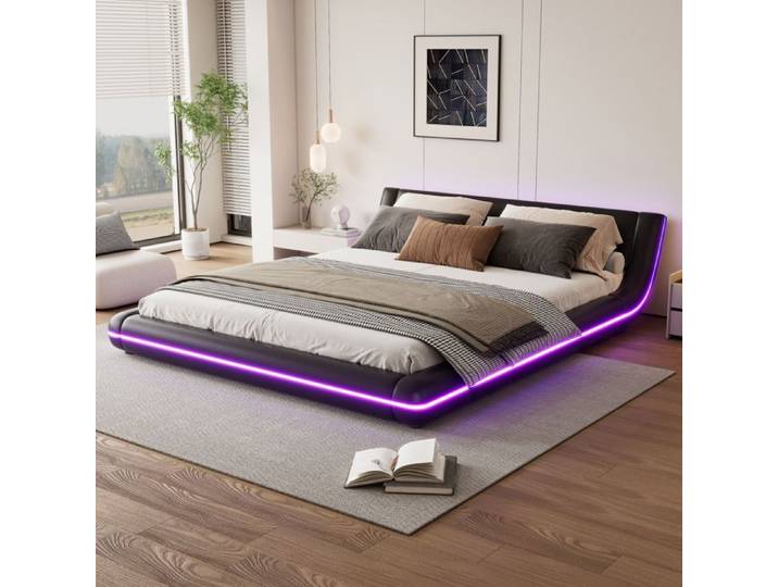 Lit 160x200 en PU noir : plateforme LED connectée et sommier à lattes fourni
