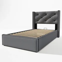 Polsterbett Einzelbett 90x200 mit hydraulischem Stauraum Retro Kopfteil Steppung Lattenrost Massivholzrahmen stabiler Aufbau grau
