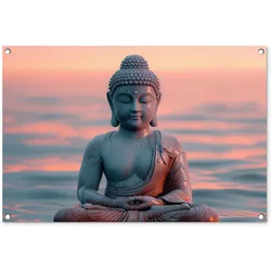 GARTENPOSTER Buddha - Statue - Buddha - Wasser - Kunst - Buddha Gartendeko 90x60 cm