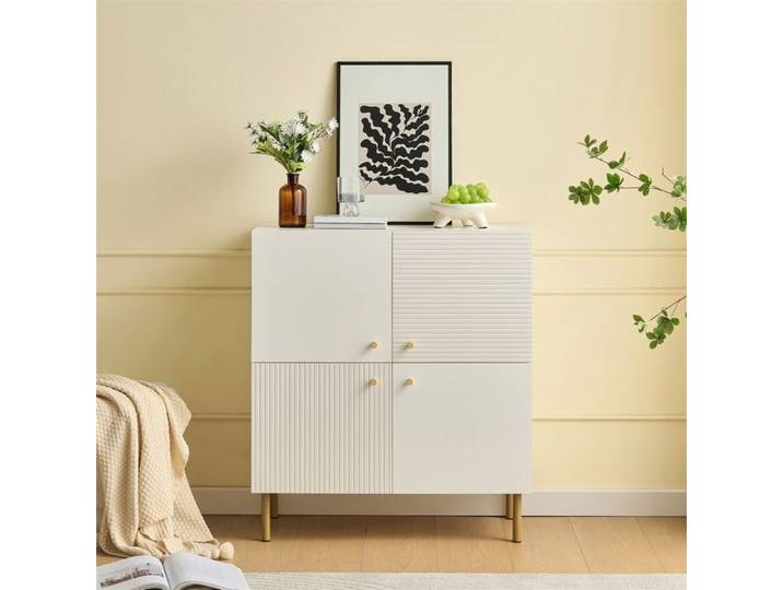 Buffet de cuisine - Sideboard - Petit Bahut 2 Portes Rainurées Poignées et Pieds en Métal Salon Chambre - Blanc
