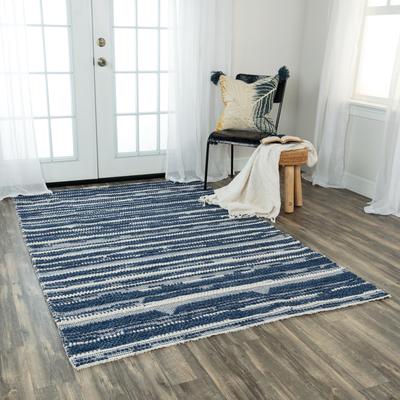 Alora Decor Sun Ivory and Blue Blended Abstract Stripe Wool Blend Rug