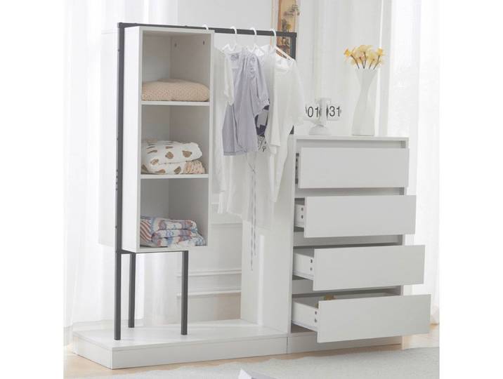 HOMVRA Armoire de Chambre 140×40×135 cm - Avec 4 tiroirs tringle à vêtements et 3 compartiments ouverts - Blanc