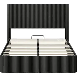 OKWISH Bett mit Stauraum, MDF und Metall in Schwarz, 140x200 cm, hydraulisches Lift-System, Hochglanz-Oberfläche