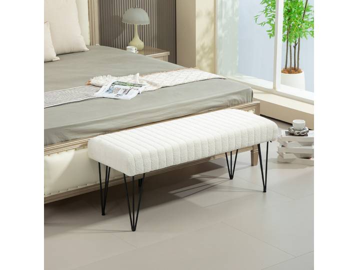 HOMCOM Banc Bout de Lit Tissu Bouclette Blanc Pieds Métal Noir
