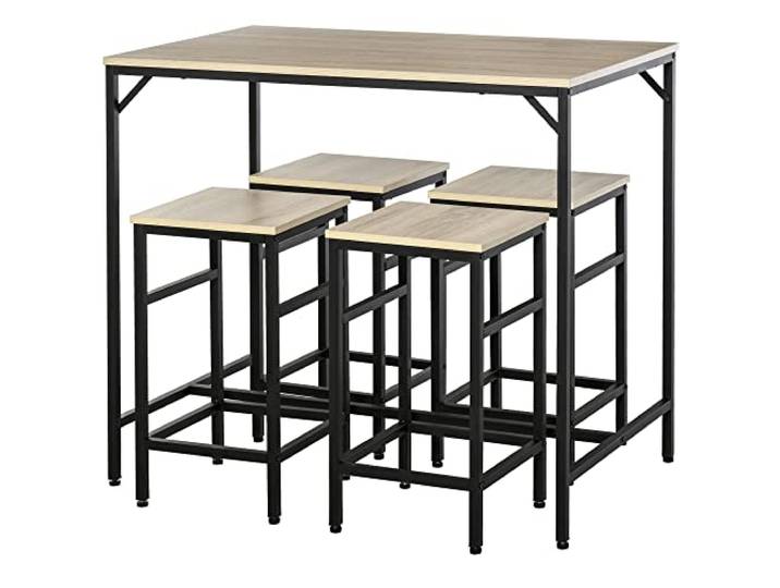 HOMCOM 5-teiliges Bartisch Set Bartisch mit Barhocker-Set Esstisch mit 4 Stühlen Küchentisch für Esszimmer, Küche, Eiche+Schwarz