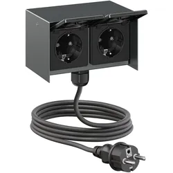 ledscom.de Außensteckdose 2-fach STEDDA und 2m Kabel, IP44, Edelstahl anthrazit waagerecht, Steckdosen für Garten, Terrasse und Außenbereich