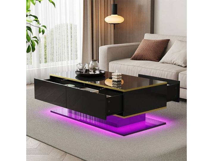 Table basse LED 100 cm noir brillant avec décor doré 3 tiroirs ruban LED USB (adaptateur/powerbank requis)