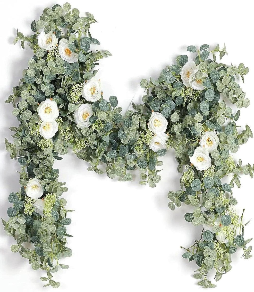 Kunstmatige Eucalyptus Wijnstok met Witte Rozen - Decoratieve Garland voor Huisdecoratie - 180 cm