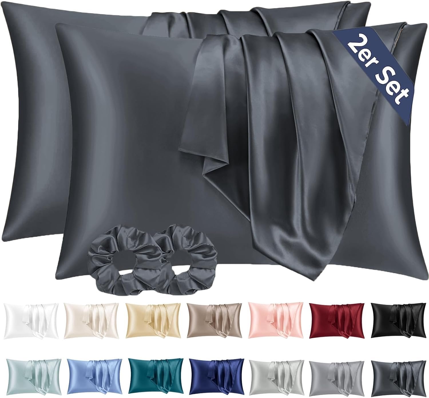SnelShoppen Set van 2 Satin Kussenslopen Donkergrijs met 2 Haarbanden, 40x80 cm