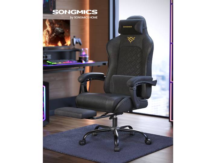 SONGMICS Chaise Gaming, Chaise de Bureau, Ergonomique, Fauteuil Gaming, Coussin d’Assise à Ressorts, Repose-Pieds, Accoudoirs avec Mécanisme Synchrone