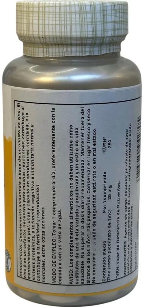Solaray Picolinato De Zinc 25 Mg 60 Comprimidos Talla Única Unisex