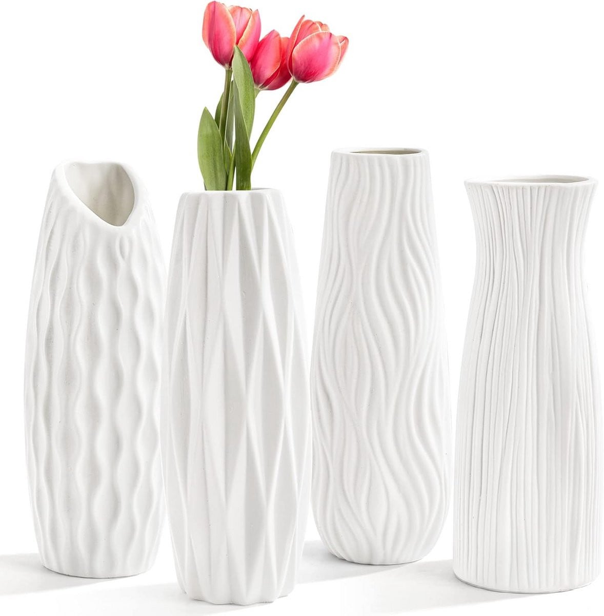Set van 4 Witte Keramische Vazen - Hoge Moderne Bloemenvazen voor Woondecoratie