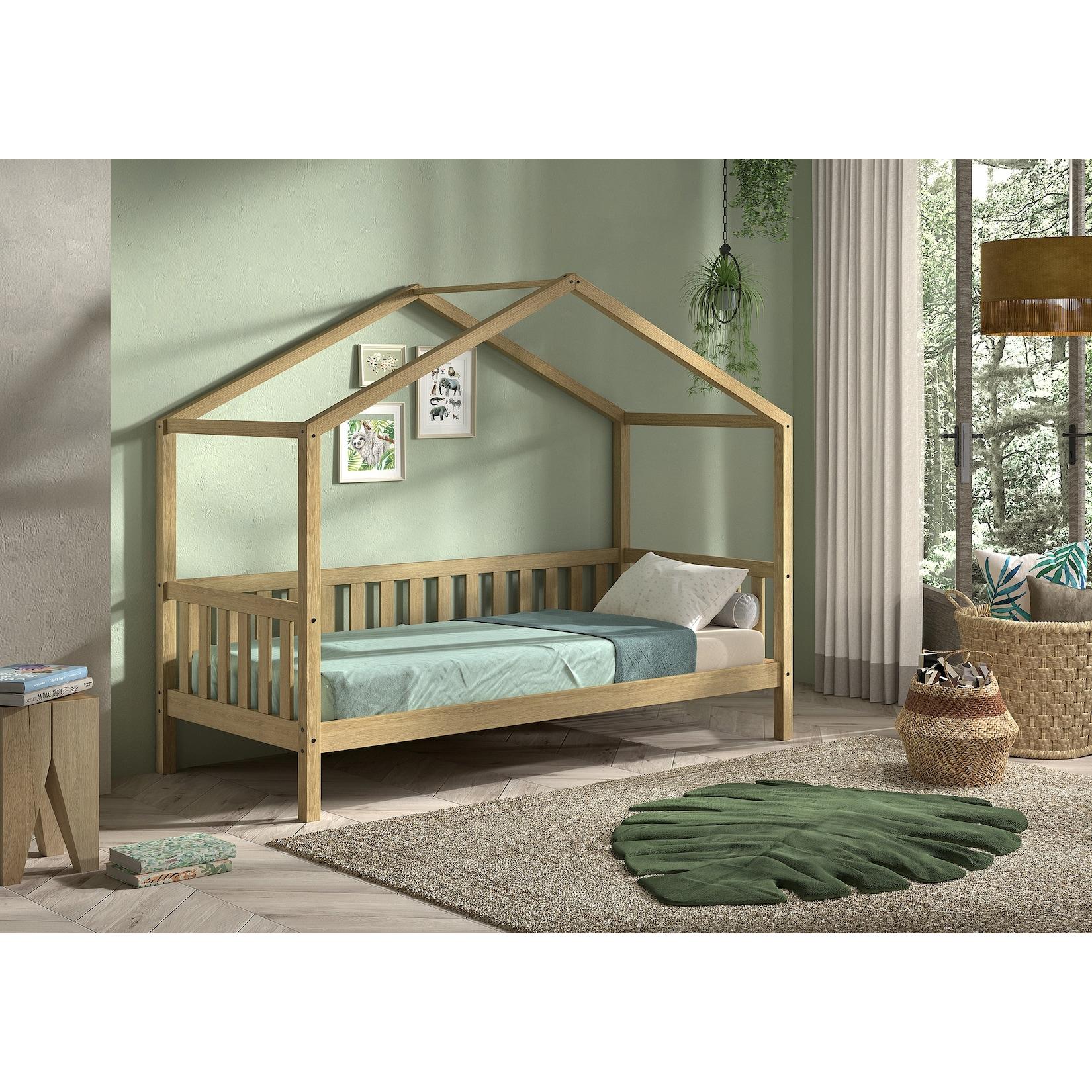 Dallas 1 Hausbett mit seitlicher Umrandung 90 x 200 cm Liegefläche, Eiche Natur
