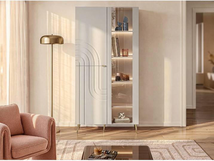 Vitrinenschrank mit 3 Türen und LED-Beleuchtung aus MDF und Sicherheitsglas - Beige und Goldfarben - LESFARA