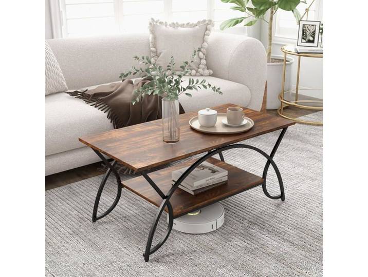 GOPLUS Table Basse à 2 Niveaux Table Basse Moderne Réglable avec Cadre Doré en Métal 100Lx50Px45Hcm Charge Max 70 KG Marron