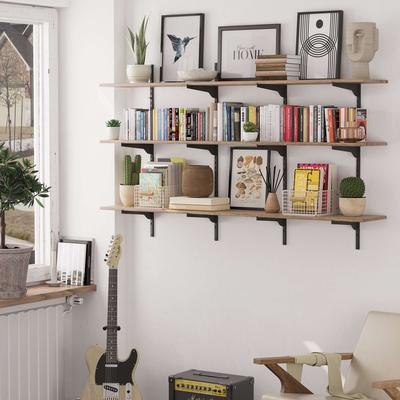 "Wallniture Turin 60"" Floating Shelves, Wall Bookshelf, Wood Shelf with Adjustable Brackets, Farmhouse, Tier & Finish Options"