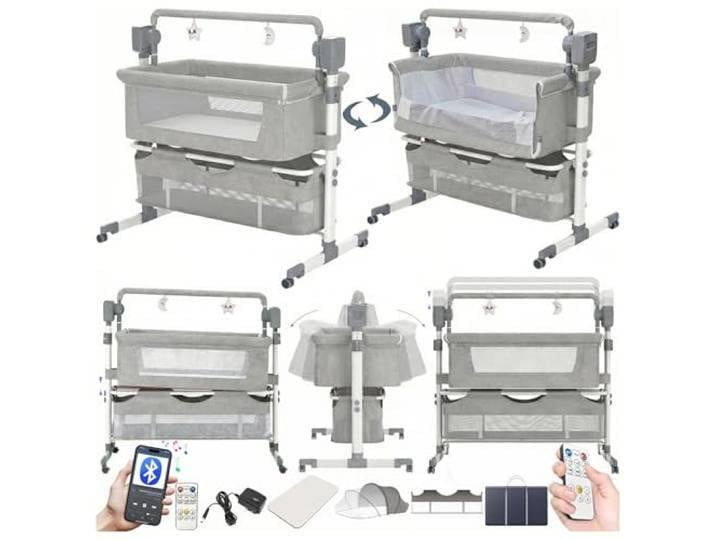 Magic ZC Elektrische Bluetooth Intelligent Beistellbett Baby mit Rollen, Faltbar Co-Sleeping Babybett, Fernbedienung und 5-schwankende Zahnräder, Stubenwagen Kleinkind Wiege mit Musik (601 Light Grey)