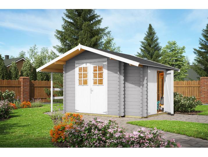 Gartenhaus NORDIC HOLZ Vilano 2 , grau (lichtgrau), Fußboden im Gartenhaus, ohne Dacheindeckung, Massivholz, Gartenhäuser, Gartenhaus, mit 3 getrennten Bereiche
