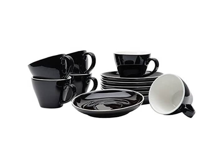 Gastro Spirit - 12-teiliges Doppel/Doppio Espresso-Tassen Set - Schwarz, 180 ml, Porzellan, dickwandig, spülmaschinenfest, italienisches Design - 6er Kaffee-Tassen Set mit Untertassen