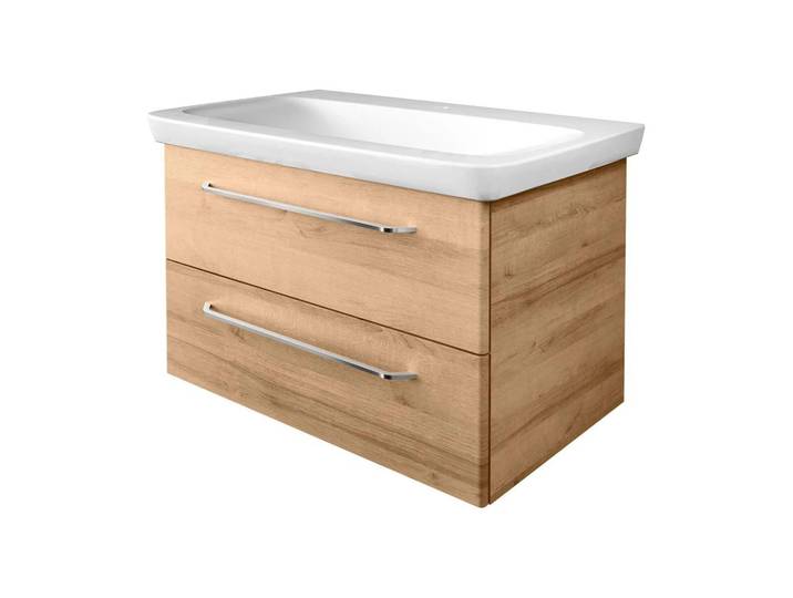 FACKELMANN MILANO Waschbecken mit Unterschrank 88 cm breit, Braun hell, Waschbecken Keramik Weiß