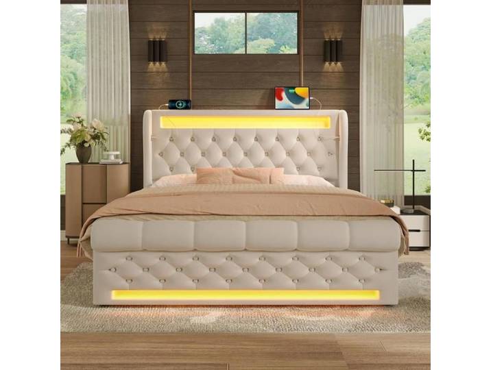 Lit - KOMHTOM - 160x200 - Velours beige - LED télécommandable - Coffre hydraulique