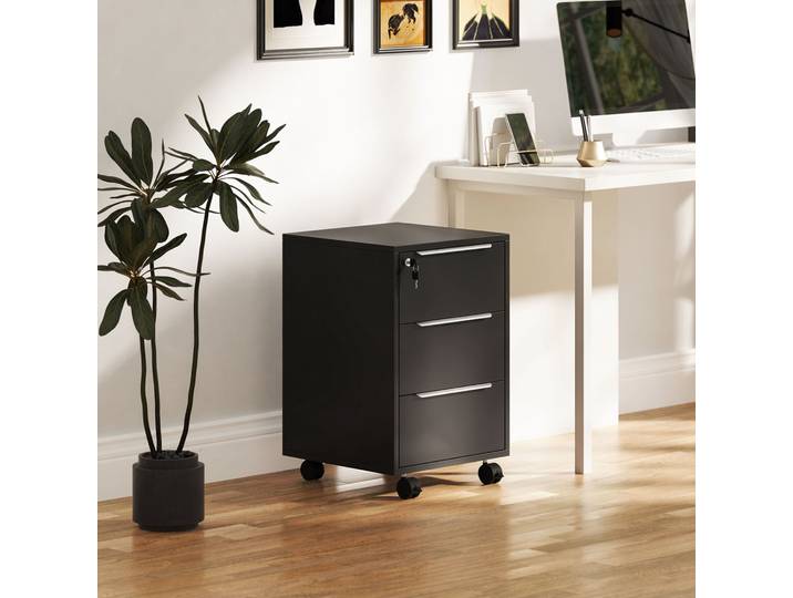 HOMCOM Caisson Bureau 3 Tiroirs Serrure Noir 40x40x63,5 cm