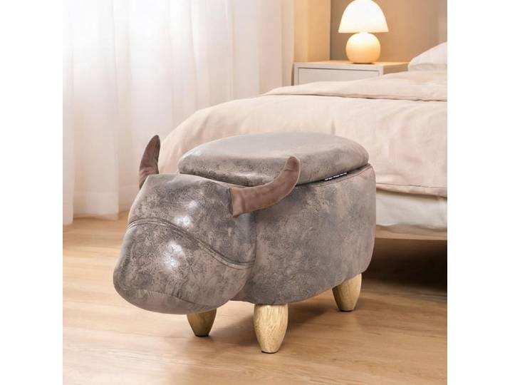 Pouf coffre 2 en 1 marron en simili daim design animal vache taureau rangement intégré pieds bois hévéa 62x35x36 cm