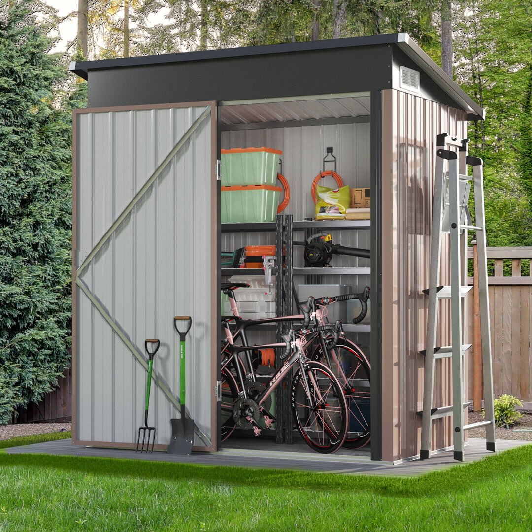 JolyDale 5 ft. W x 3 ft. D Galvanised Metal Storage Shed with Vent, Outdoor Tool & Bike Shed for Garden Brown 151cm W X 87cm D X 182cm H