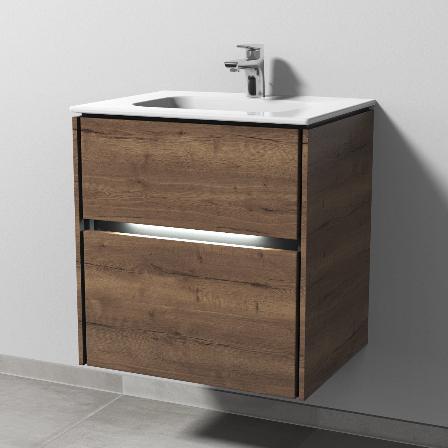 Sanipa Twiga Keramikwaschtisch Design 60 cm mit Unterschrank, 2 Auszüge, inkl. LED-Beleuchtung