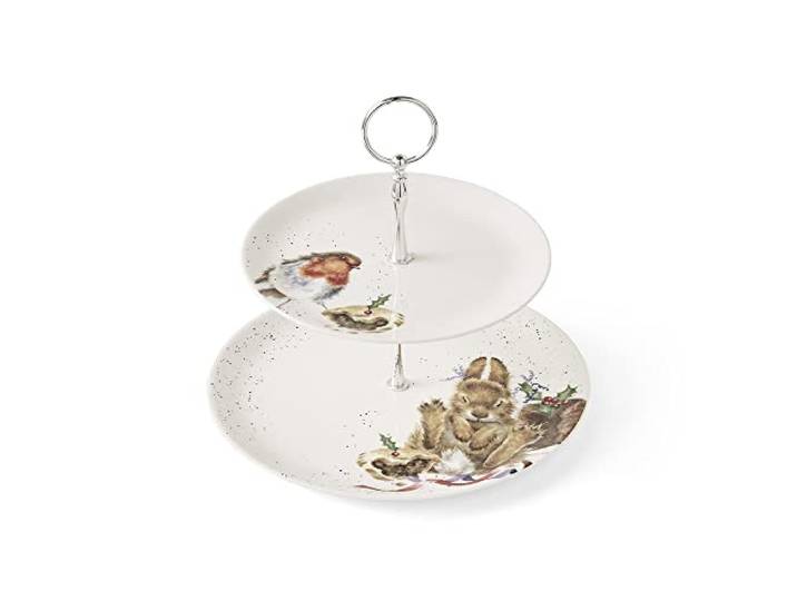 Wrendale Designs Royal Worcester Wrendale Deigns Feestelijke Two Tier Cake Stand A Merry Little Christmas - Robin and Bunny, Wit
