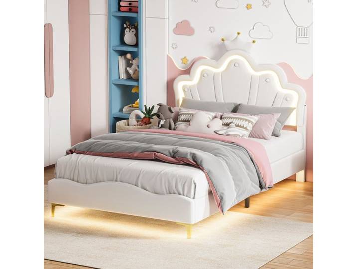 Lit pour enfant 140x190cm avec LED-DADEA-Lit enfant Lit princesse couronne Lit enfant fille Lit avec sommier à Lattes Blanc PU