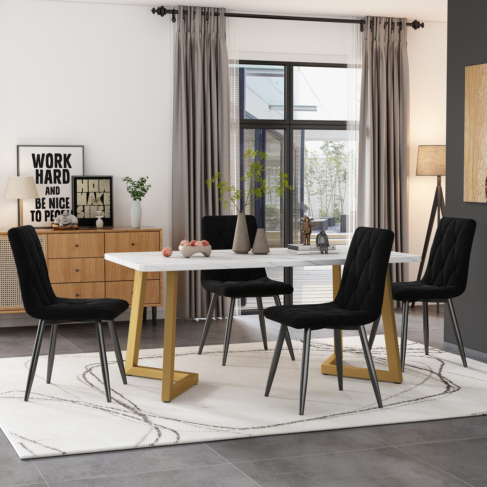 OKWISH Eetset 5-delig met rechthoekige eettafel en 4 eetstoelen, zwart met gouden tafelpoten