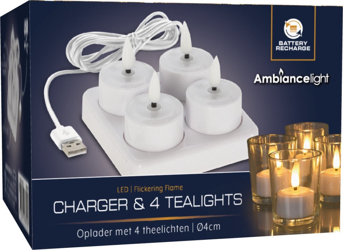 Koopman Oplaadbare LED theelicht set 4-delig met oplader - Wit