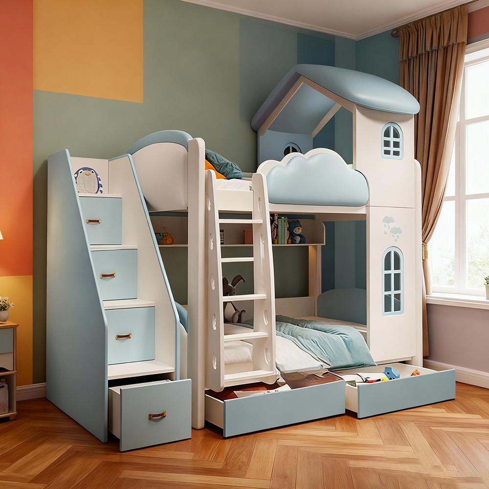 Hochbett Etagenbett mit Leiter, Matratzen und Schubladen - Kinderbett, Kinderzimmer Möbel, Stufen mit Stauraum Blau 1500*1900mm