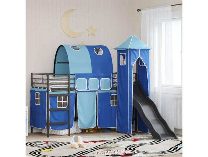 RJPLMFV Hochbett für Kinder, Metall, Blau, Schwarz, 90 x 190 cm Lattenrost, Ösenvorhänge, Netzpaneele, Stauraum und Spiel